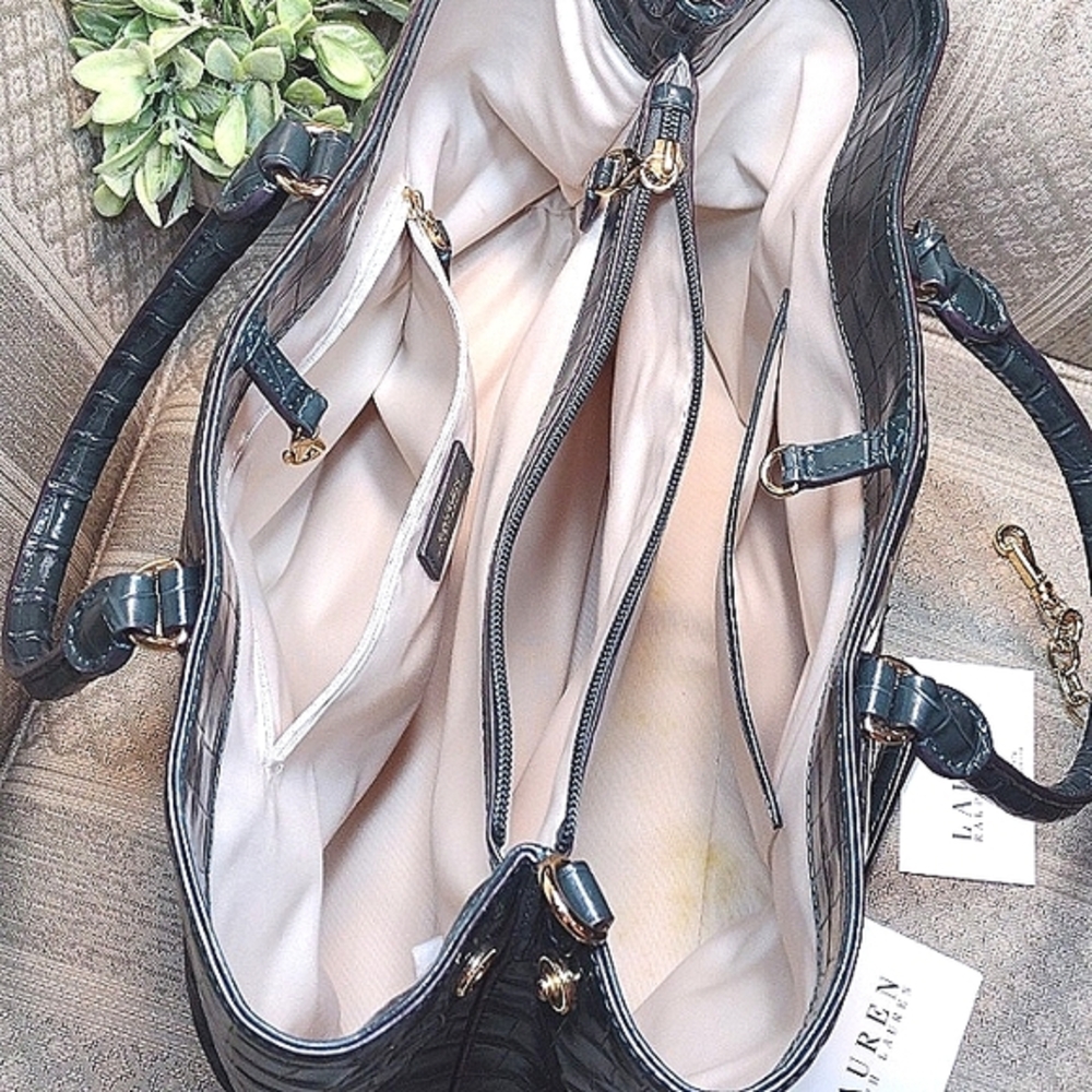 Lauren Ralph Lauren Black Croc-Embossed Patent Satchel with Crest - Picture 11 of 16